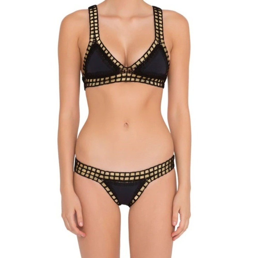 Kiini Chacha Bikini Set Women S Black Gold Crochet Trim Triangle Boho Festival